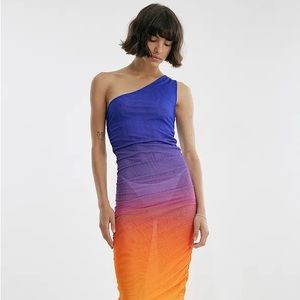 One Shoulder Maxi Mesh Purple Ombre Dress